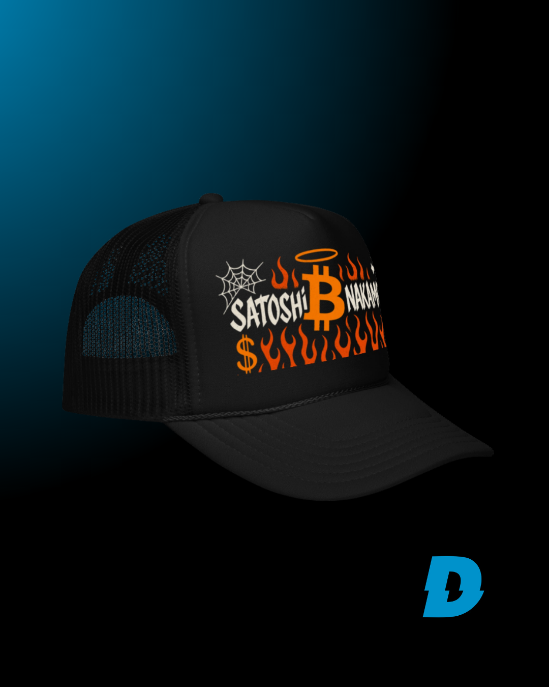 SATOSHI NAKAMOTO trucker hat side view - Crypto trading cap with mesh back