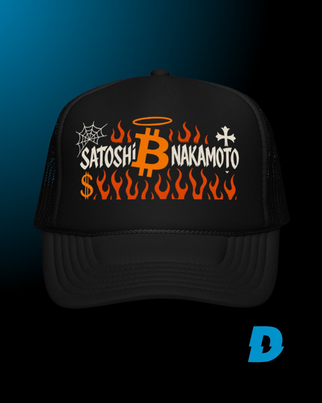 SATOSHI NAKAMOTO trucker hat front view - Bitcoin cryptocurrency cap for traders
